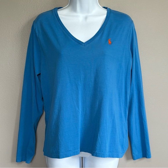 Ralph Lauren Sport Long Sleeve V Neck Shirt Blue Womens Size Large - Picture 1 of 9